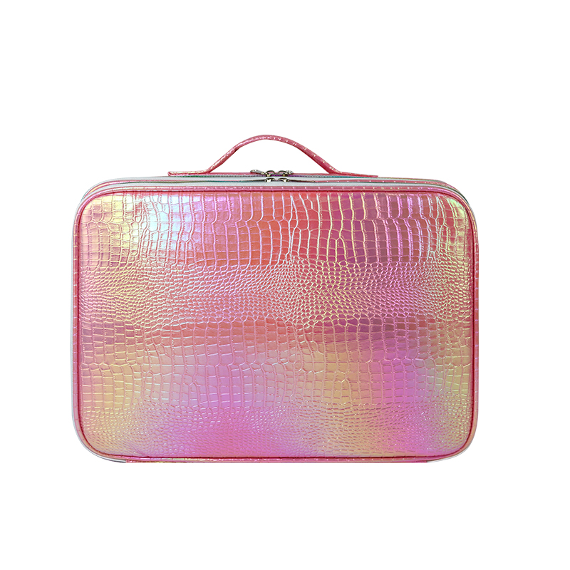 RovoBeauty Magic color large capacity cosmetic case waterproof double layer cosmetic bag storage bag portable travel makeup and toiletries bag laser crocodile pattern bag