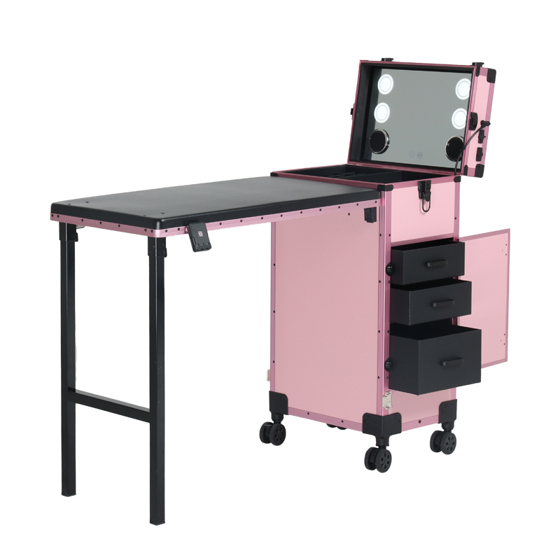 RovoBeauty High Quality Fashionable Portable Makeup Rolling Case Lighted Mirror Foldable Manicure Table Compartments Drawers-Dressing